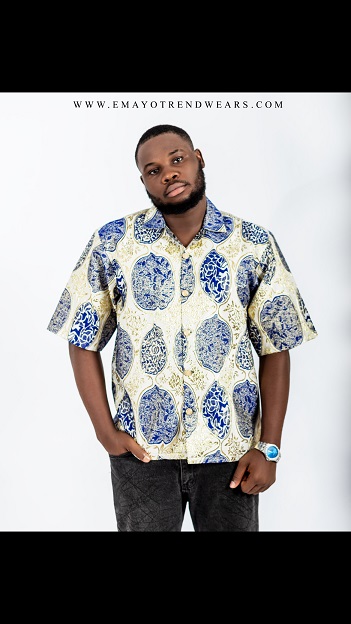 blue and golden designed damask shirt