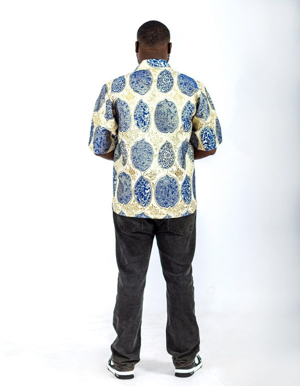 blue and golden designed damask shirt