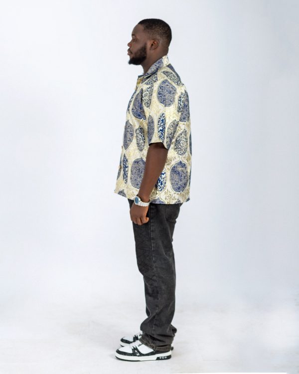 blue and golden designed damask shirt