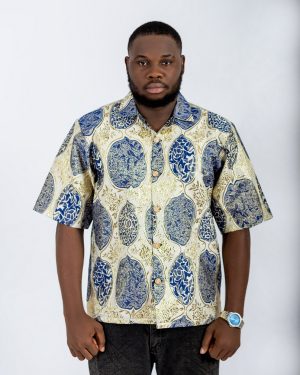 blue and golden designed damask shirt