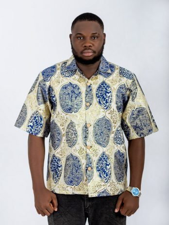 blue and golden designed damask shirt