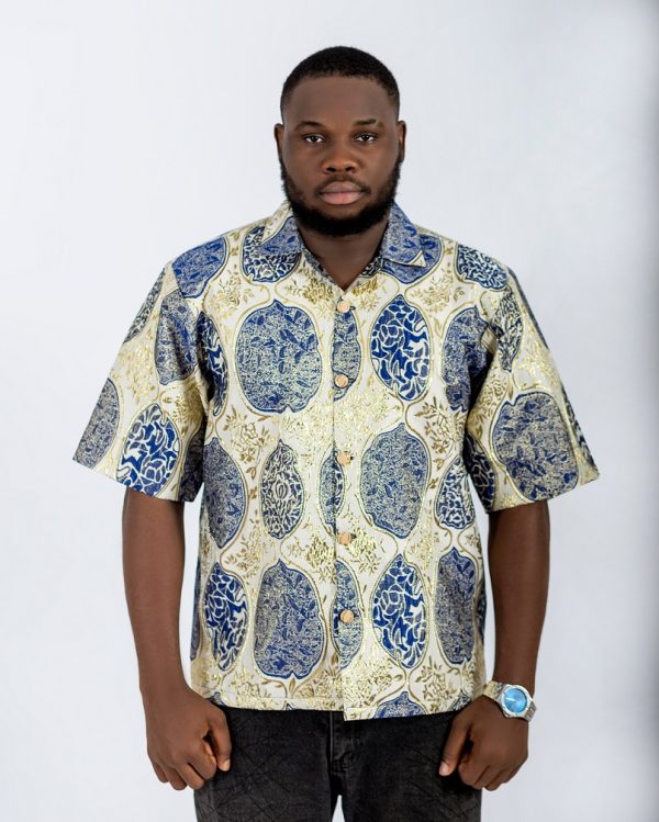 blue and golden designed damask shirt