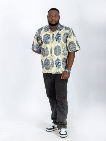 blue and golden designed damask shirt