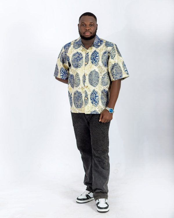 blue and golden designed damask shirt